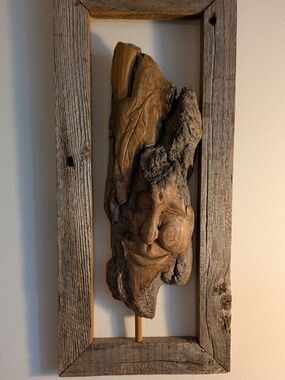 Wood Handcarved Spirit Tree Face sculpture wall art natural weathered frame